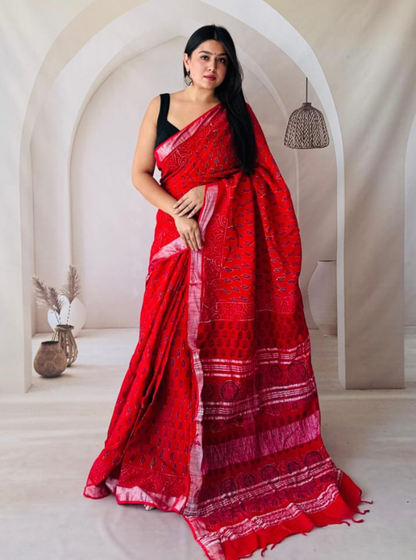 Crimson Red Hand-Printed Linen Cotton Saree with Traditional Motifs