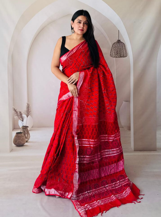 Crimson Red Hand-Printed Linen Cotton Saree with Traditional Motifs
