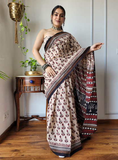 Beige & Black Bagru Print Cotton Saree with Ethnic Pallu