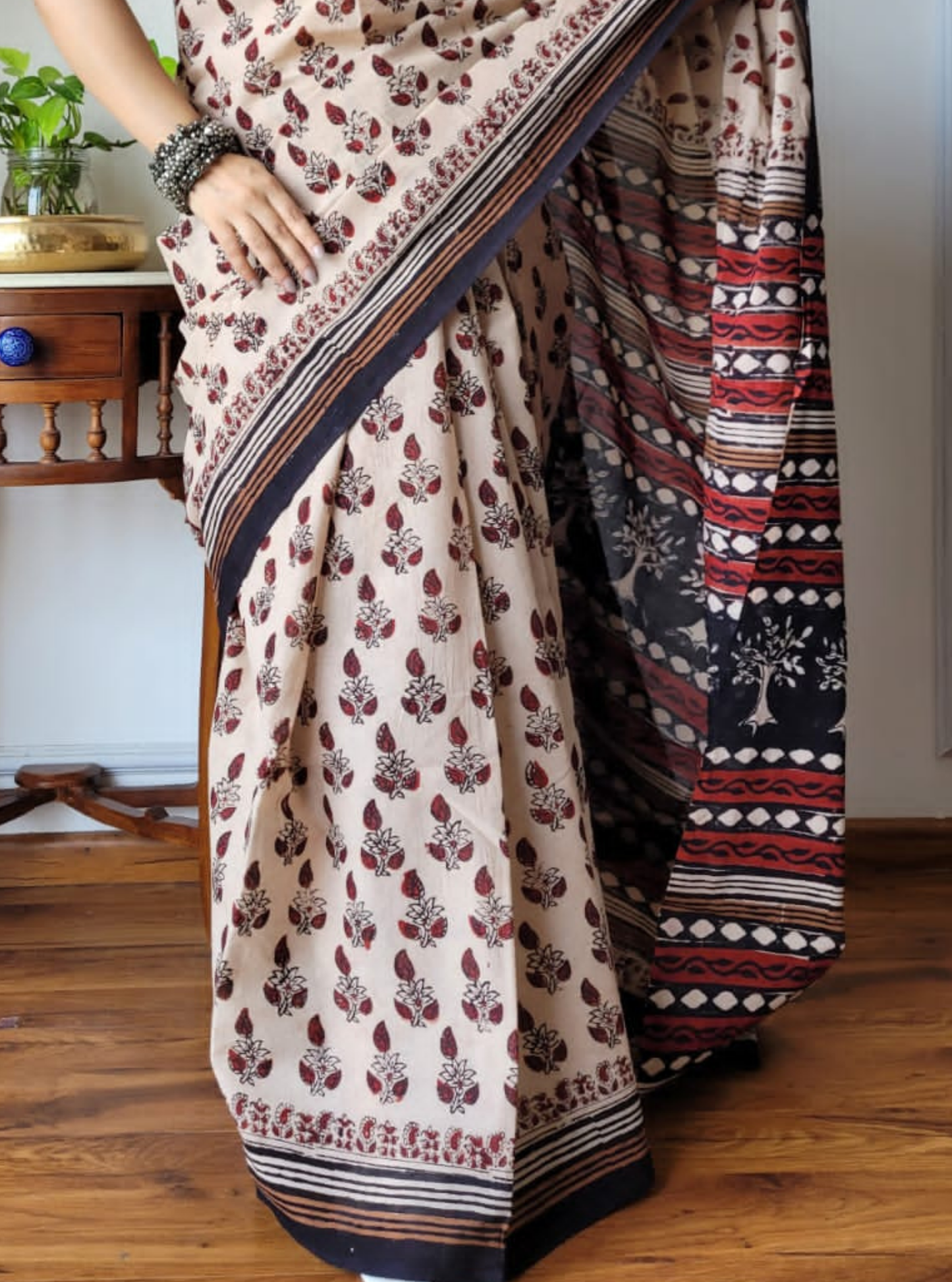 Beige & Black Bagru Print Cotton Saree with Ethnic Pallu