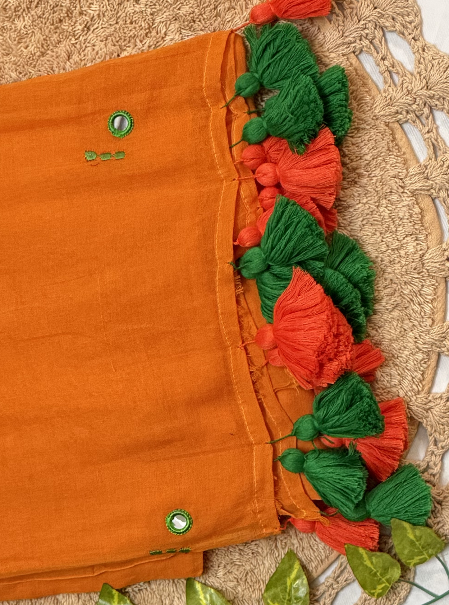 Sunset Orange Mul Cotton Saree with Green Tassels