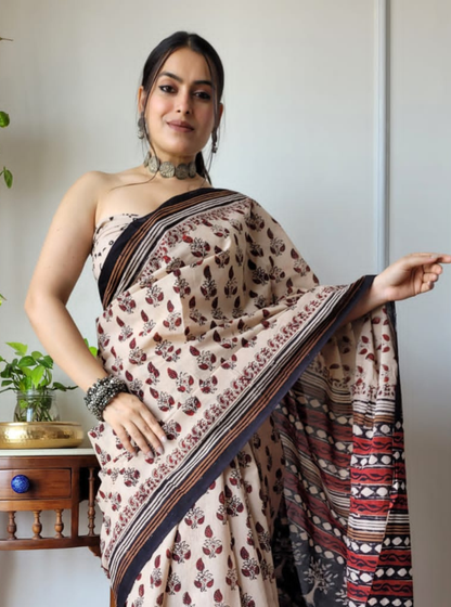Beige & Black Bagru Print Cotton Saree with Ethnic Pallu