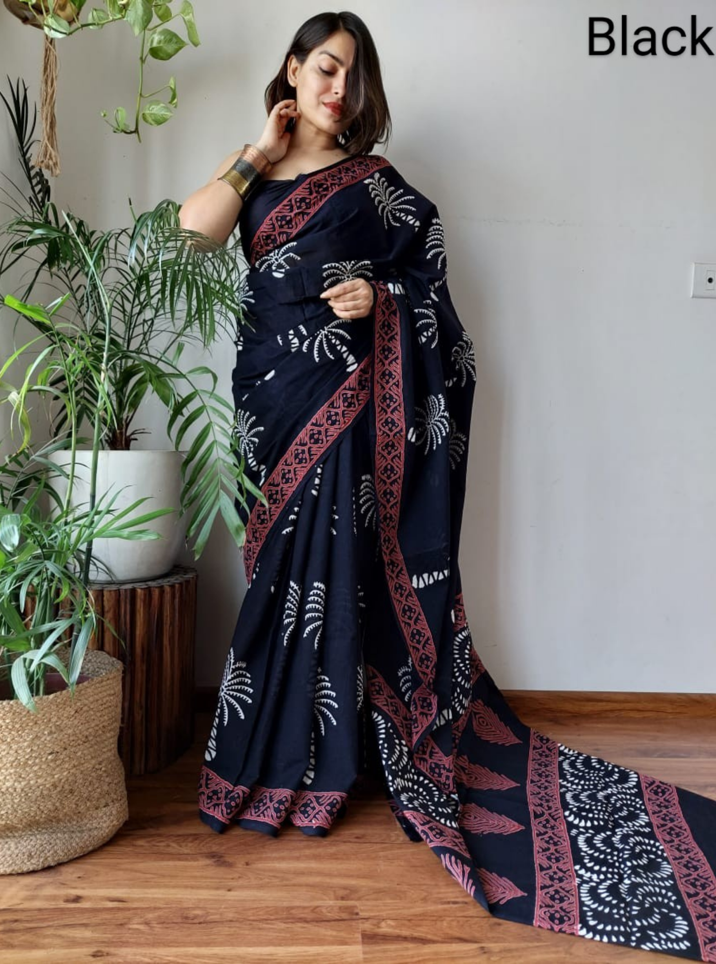 Black Bagru Print Cotton Saree with Rust Border & Tribal Motifs