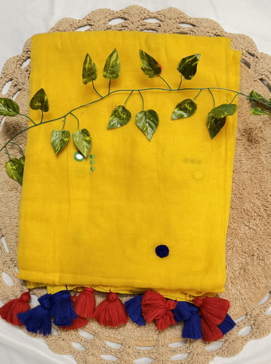 Sunshine Yellow Mul Cotton Saree with Multicolor Tassels