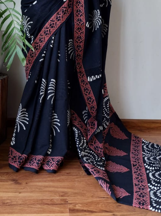 Black Bagru Print Cotton Saree with Rust Border & Tribal Motifs