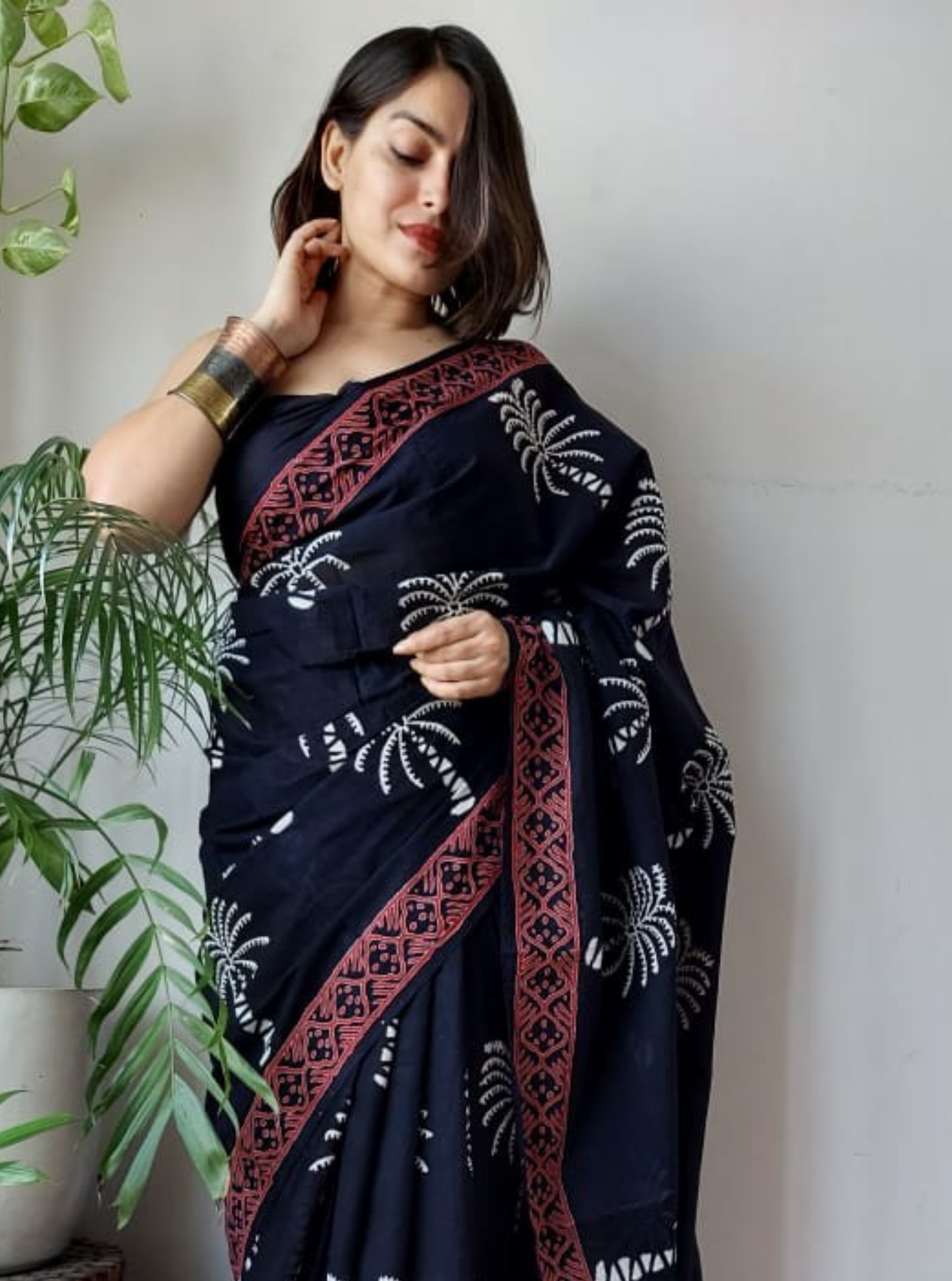 Black Bagru Print Cotton Saree with Rust Border & Tribal Motifs