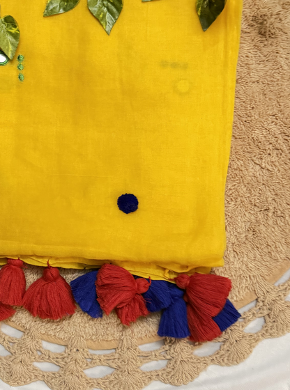 Sunshine Yellow Mul Cotton Saree with Multicolor Tassels