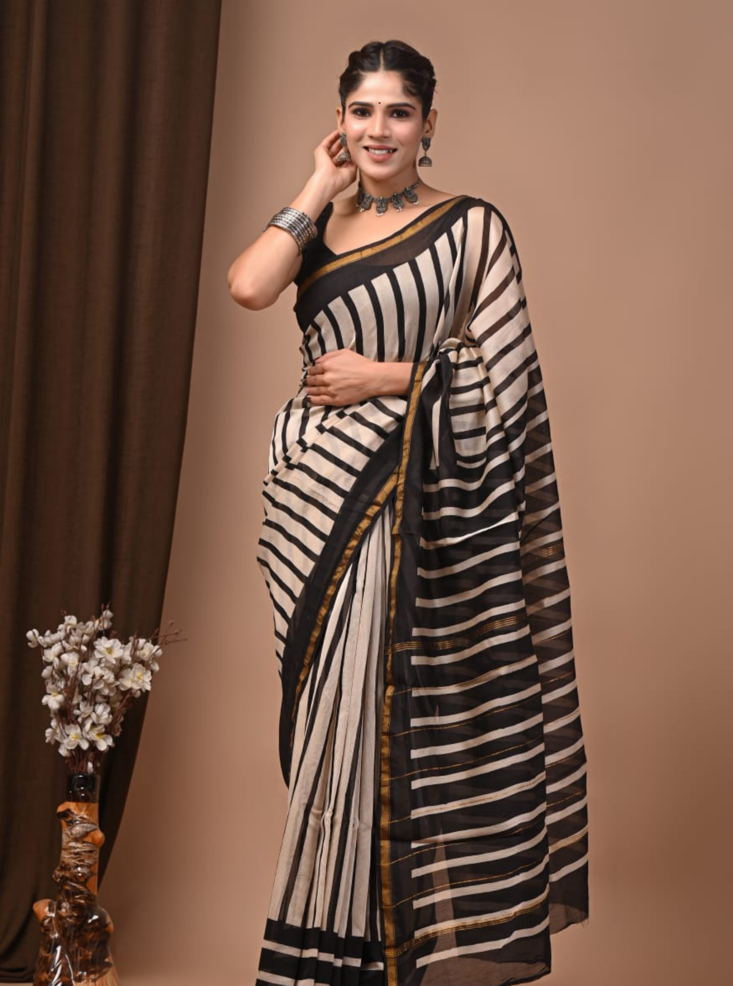 Ivory & Black Chanderi Silk Ajrakh Saree with Striped Elegance
