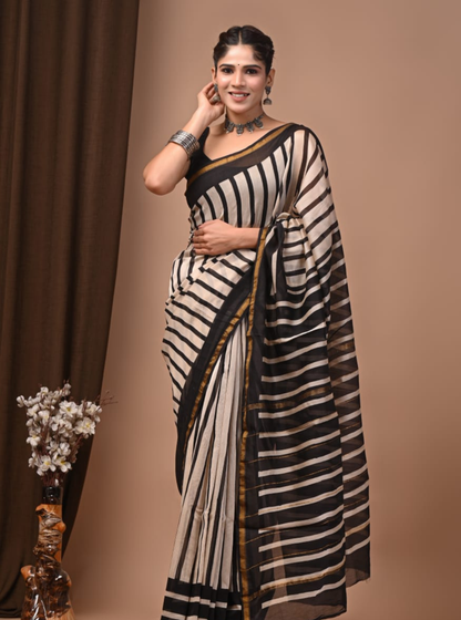 Ivory & Black Chanderi Silk Ajrakh Saree with Striped Elegance