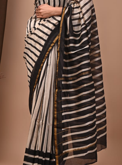 Ivory & Black Chanderi Silk Ajrakh Saree with Striped Elegance
