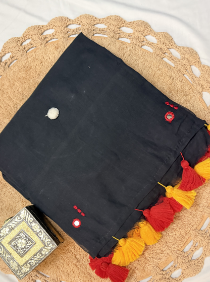 Midnight Black Mul Cotton Saree with Red & Yellow Tassels