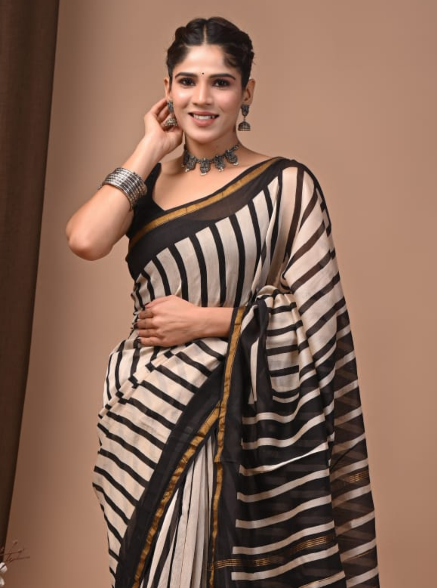Ivory & Black Chanderi Silk Ajrakh Saree with Striped Elegance