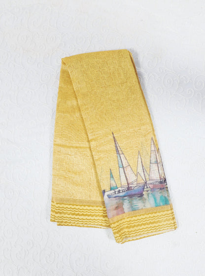 Mustard Yellow Chanderi Silk Saree with Handcrafted Boat Motif Border