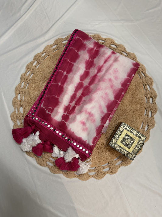 Trendy Pink Tie-Dye Mul Cotton Saree with Mirror Lace Border & Tassels