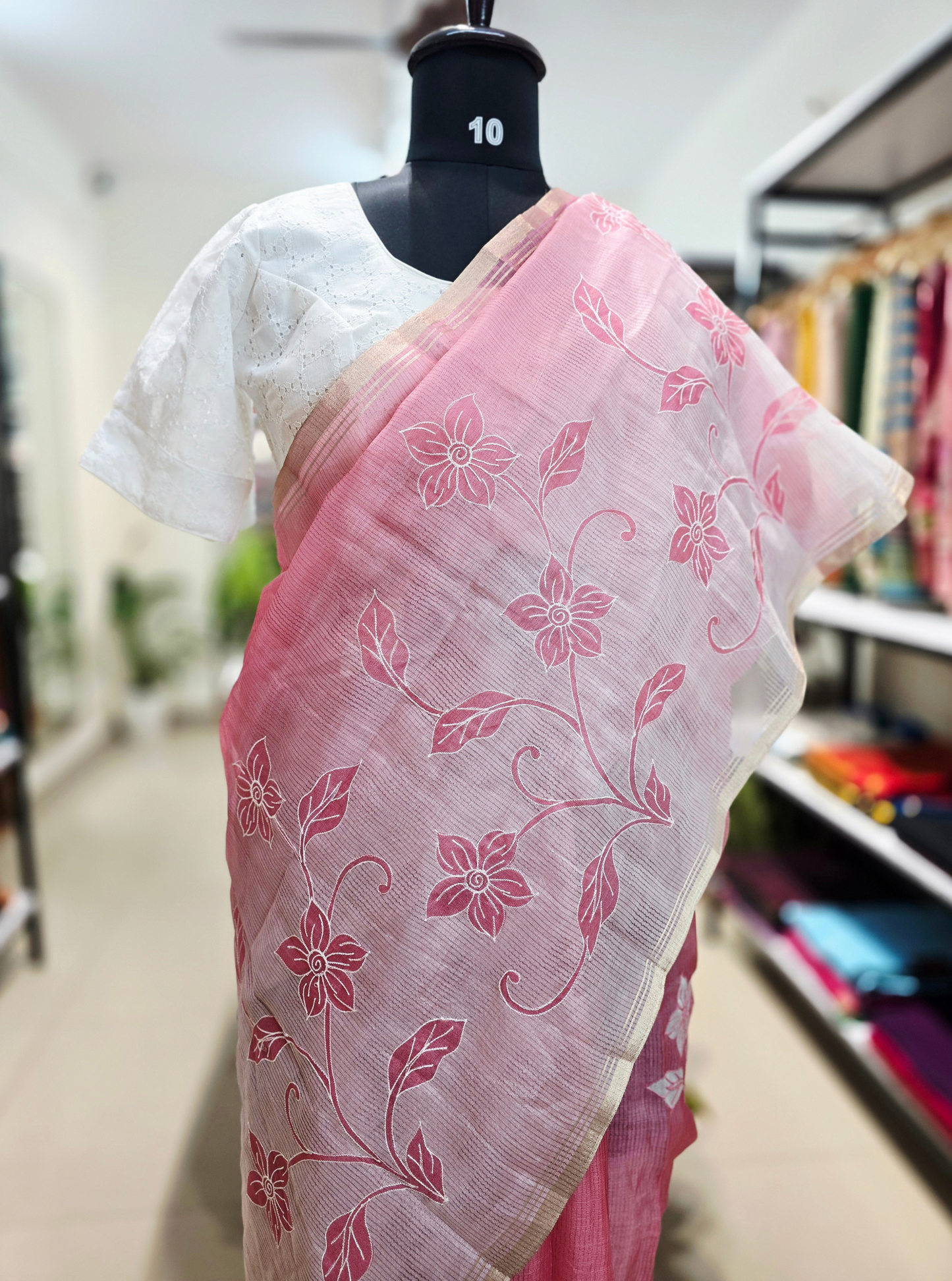 Elegant Pink Kota Appliqué Saree with Floral Vine Design