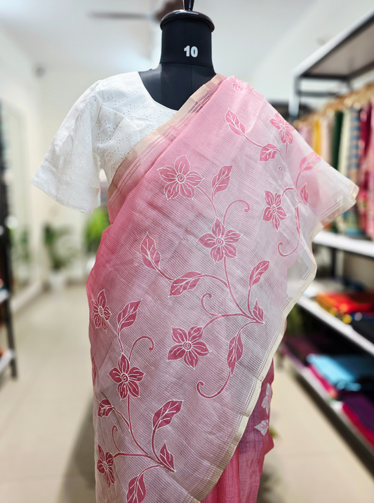 Elegant Pink Kota Appliqué Saree with Floral Vine Design