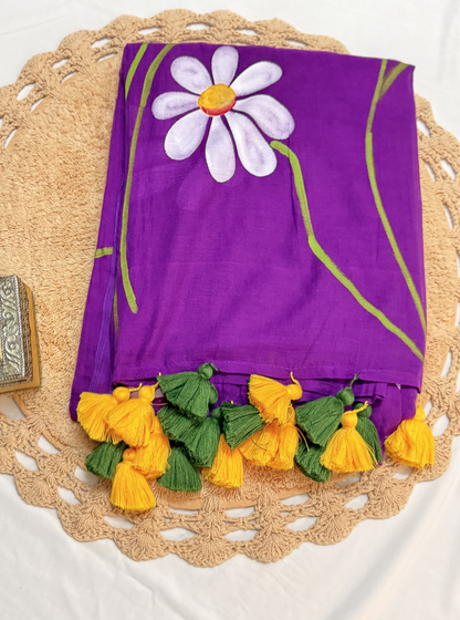Violet Mul Cotton Saree with Handpainted Daisy Motif & Contrast Tassels