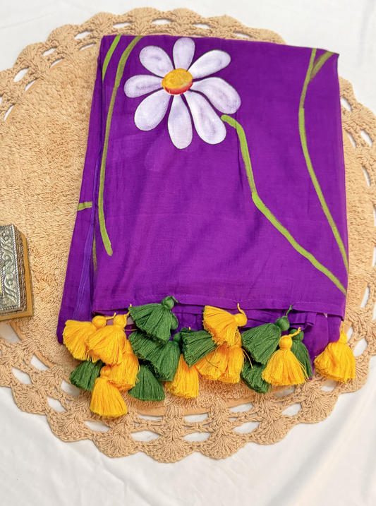 Violet Mul Cotton Saree with Handpainted Daisy Motif & Contrast Tassels
