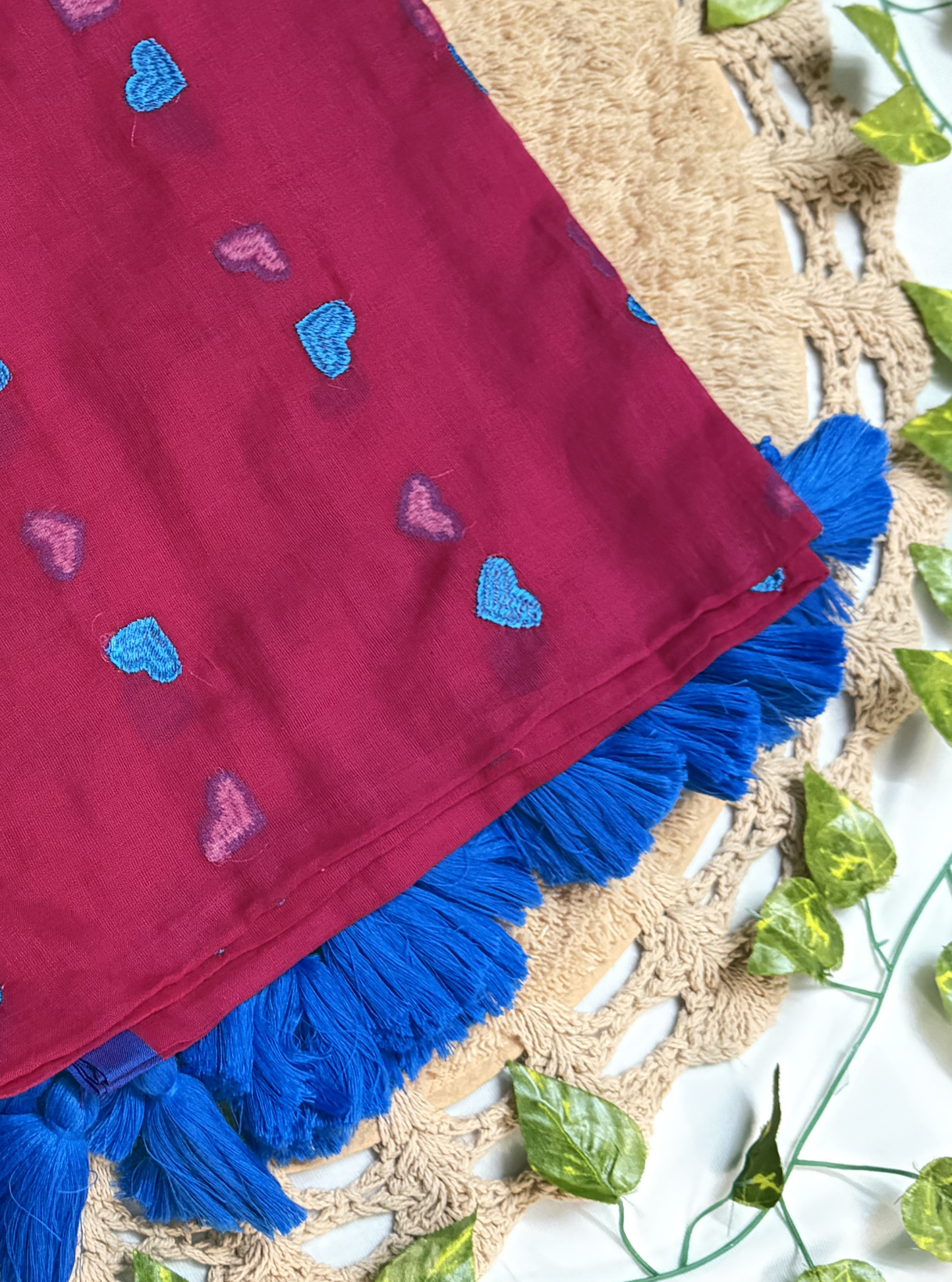 Ruby Pink Mul Cotton Saree with Blue Heart Motifs & Tassels