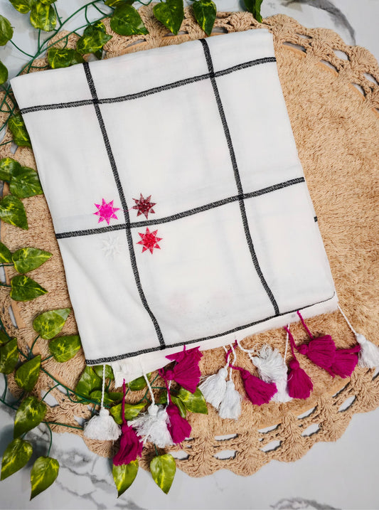 White Mul Cotton Saree with Black Checks & Embroidered Motifs