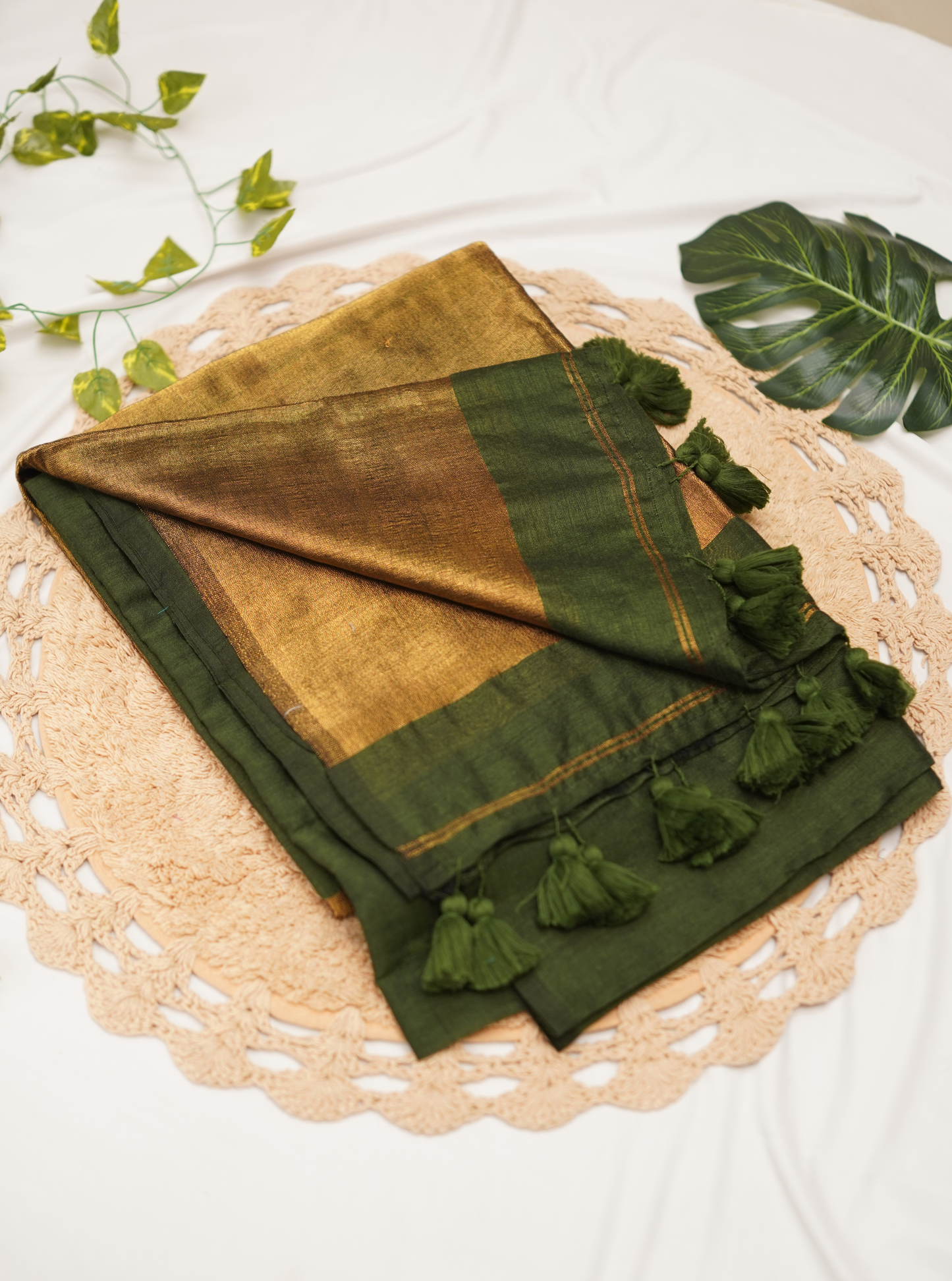 Olive Green Mul Cotton Saree with Rich Gold Pallu & Tassels