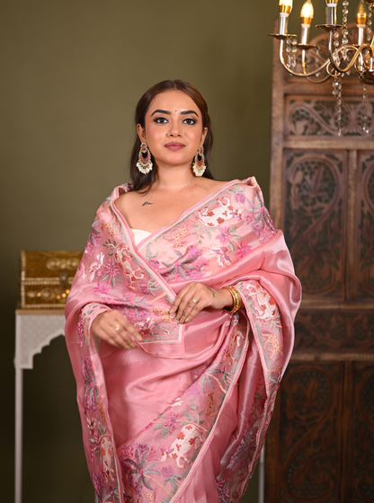 Elegant Pink Tissue Silk Saree with Floral Embroidery Border