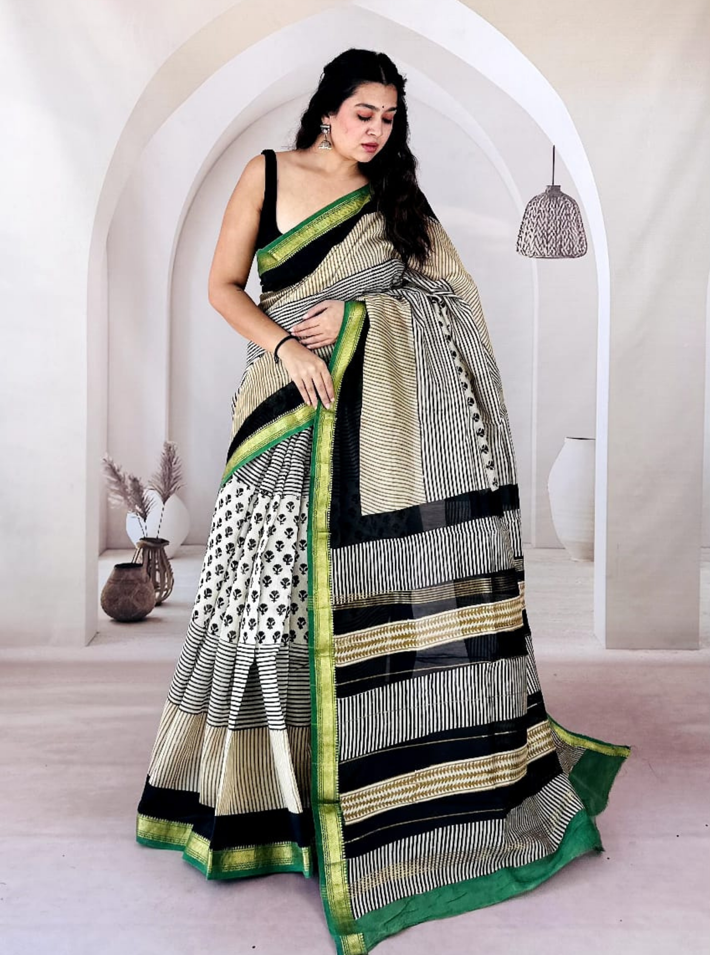 Black & Ivory Striped Maheshwari Silk Saree with Green Zari Border