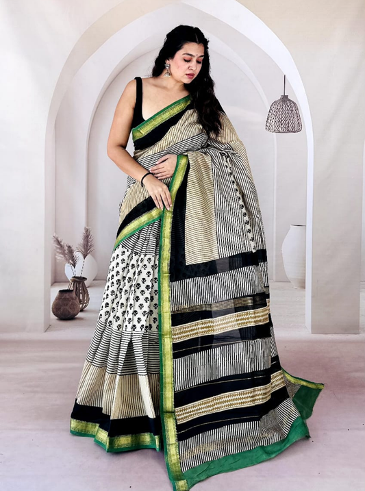 Black & Ivory Striped Maheshwari Silk Saree with Green Zari Border
