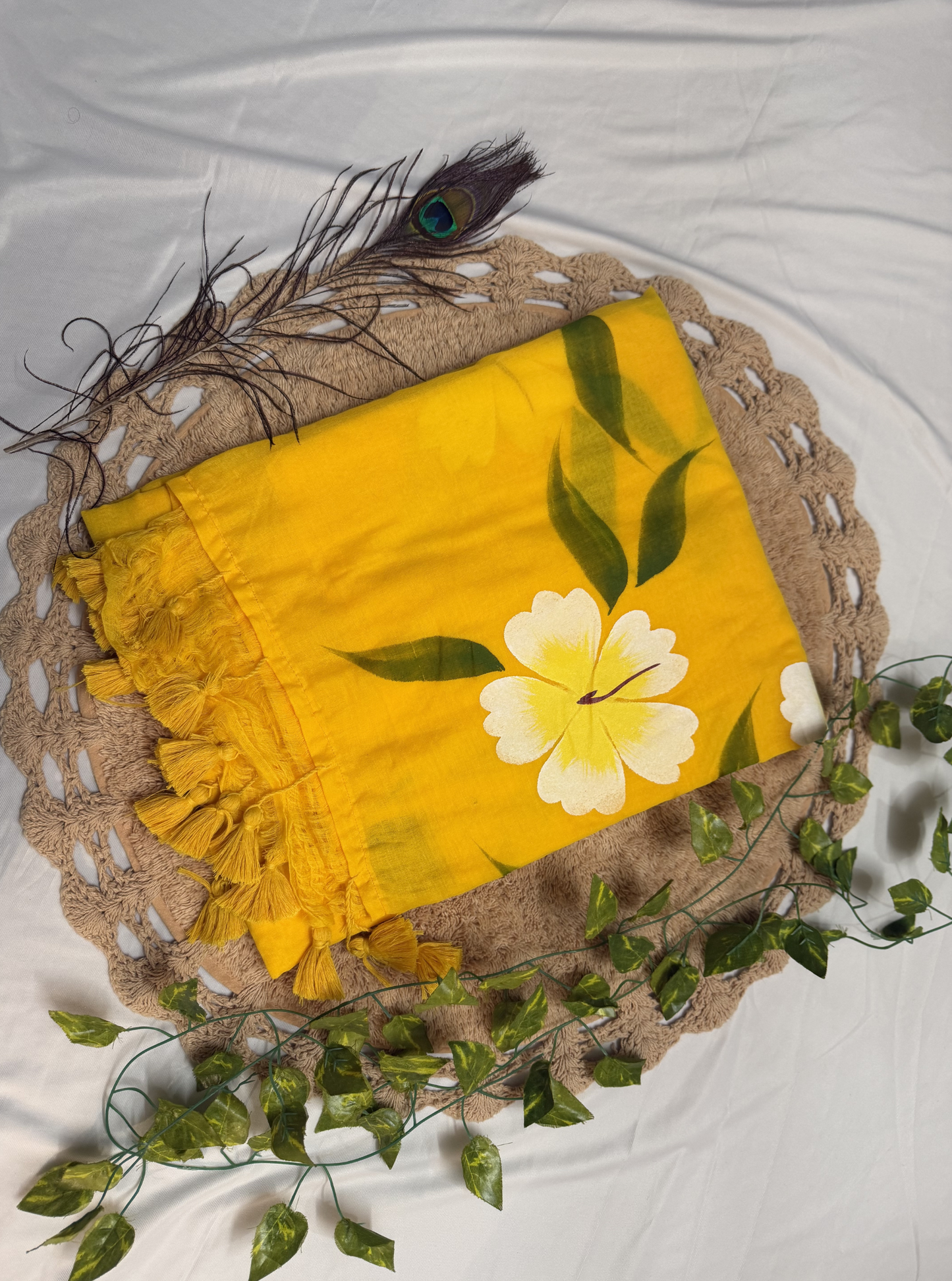 Sunshine Yellow Mul Cotton Saree with Hand-Painted Floral Design