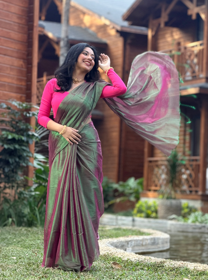 Rose Pink & Aqua Tissue Cotton Saree with Subtle Sheen