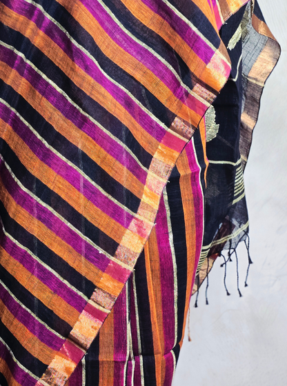 Bold Striped Linen Cotton Saree in Multicolor Tones