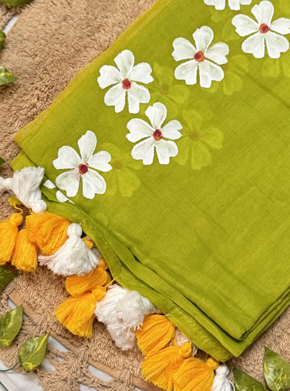 Lime Green Mul Cotton Saree with White Floral Design