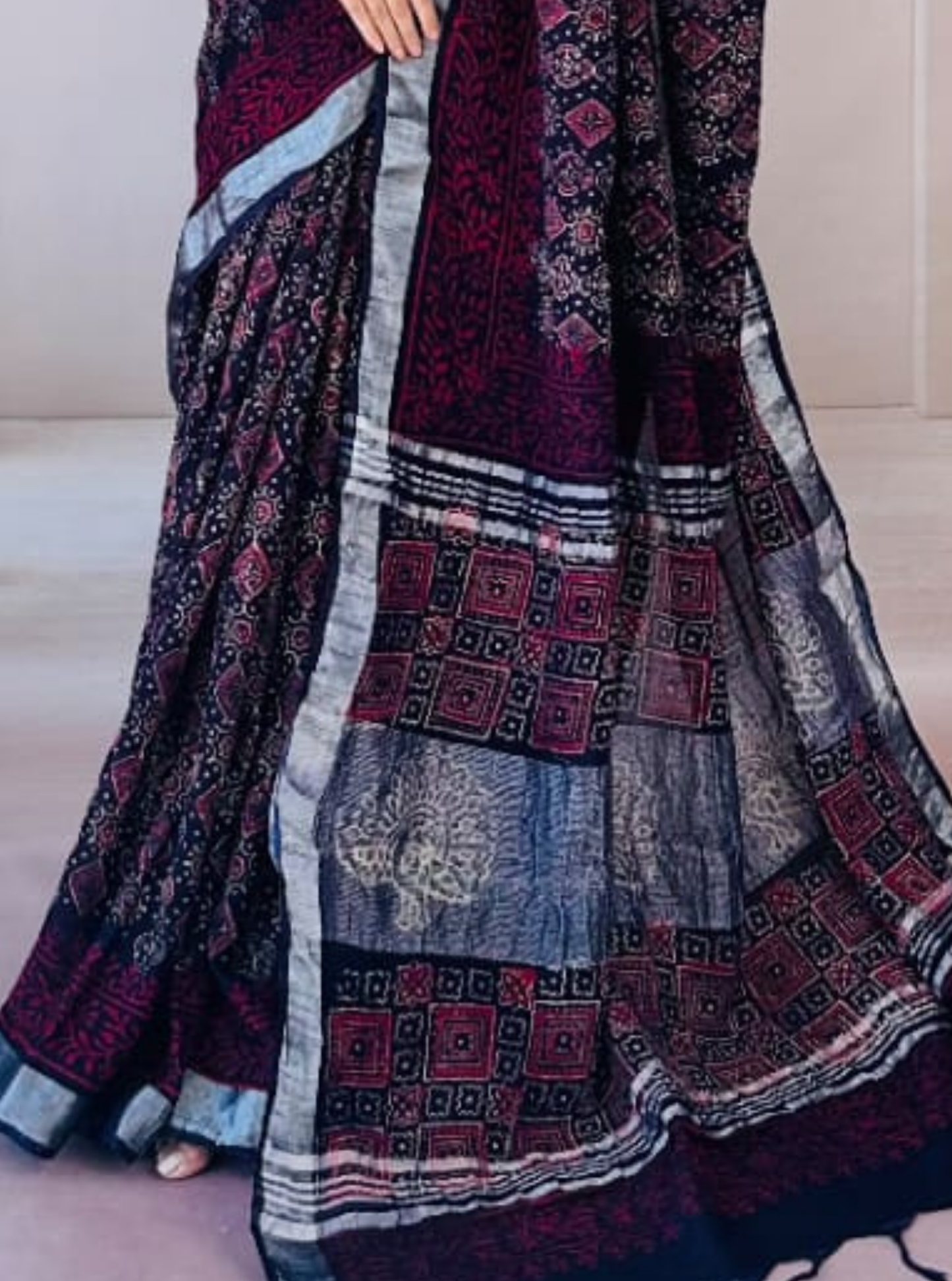 Black & Wine Cotton Linen Saree with Ethnic Geometric Prints