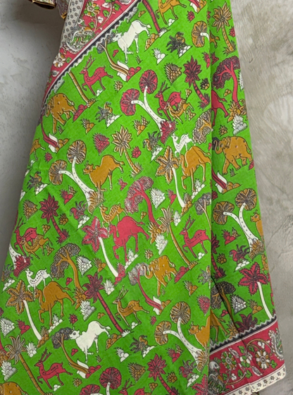 Parrot Green Cotton Kalamkari Saree with Forest & Animal Motifs