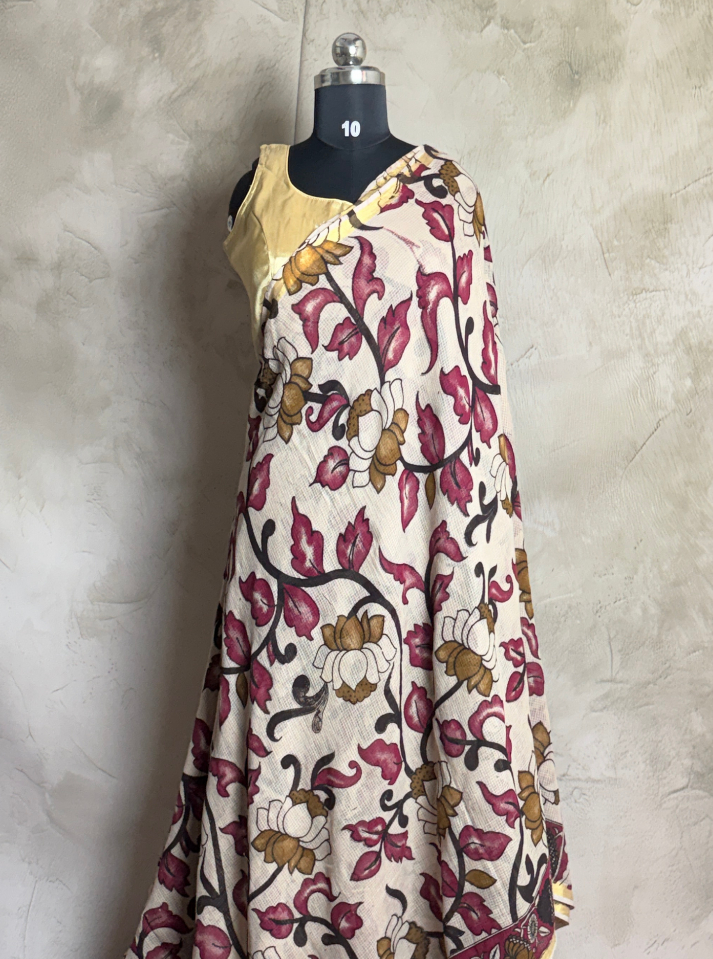 Ivory Kota Cotton Saree with Floral Vine Motifs & Maroon Border