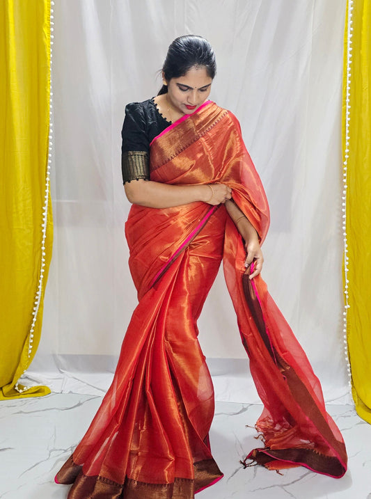 Burnt Orange Tissue Cotton Saree with Antique Gold Border & Pink Edge