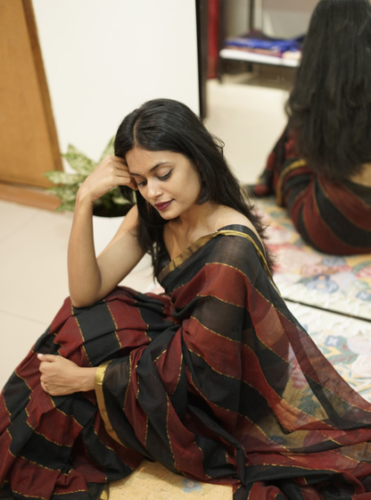 Black & Maroon Striped Mul Cotton Saree with Subtle Gold Border