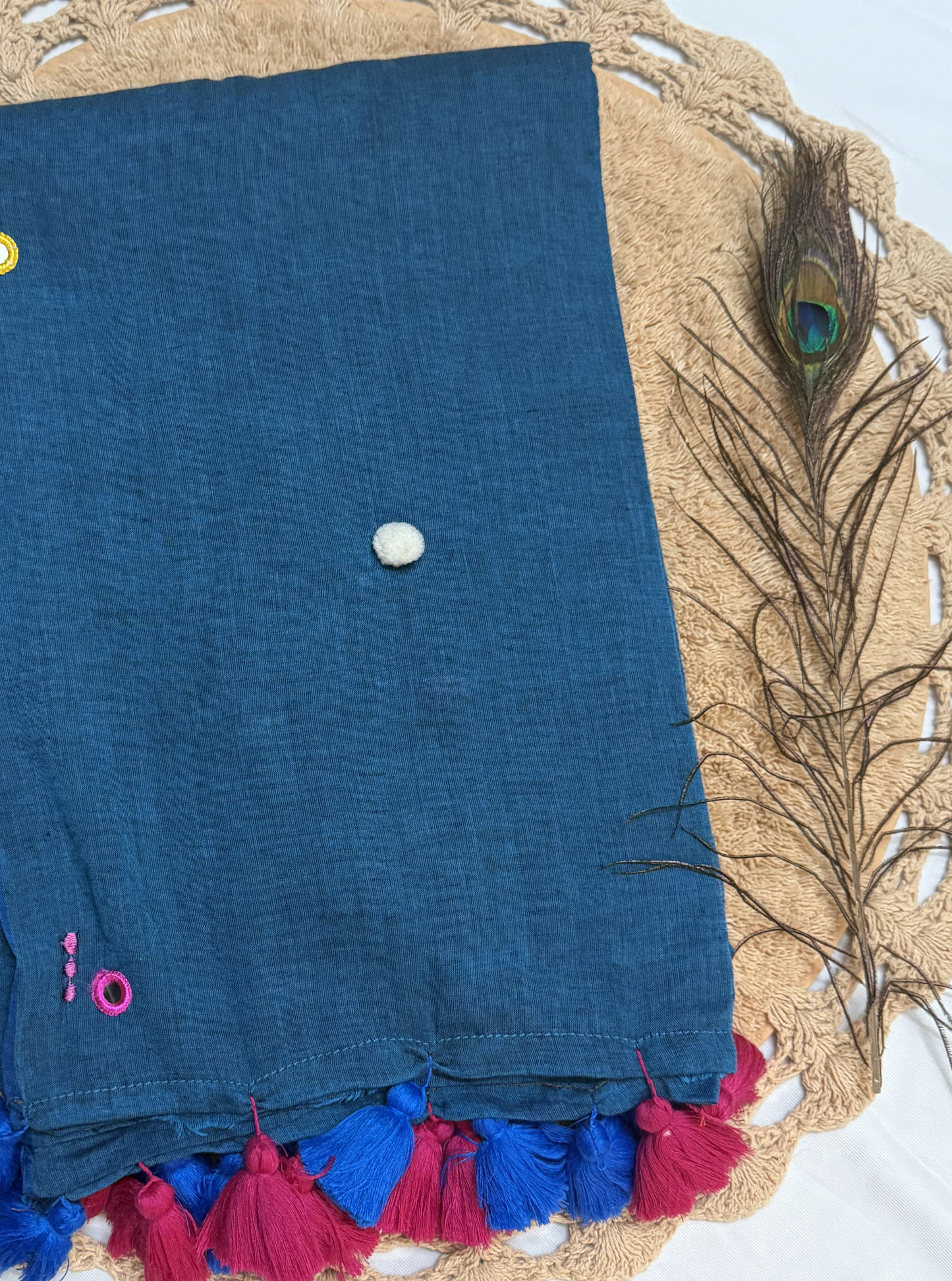 Indigo Blue Mul Cotton Saree with Multicolor Tassels & Minimal Motifs