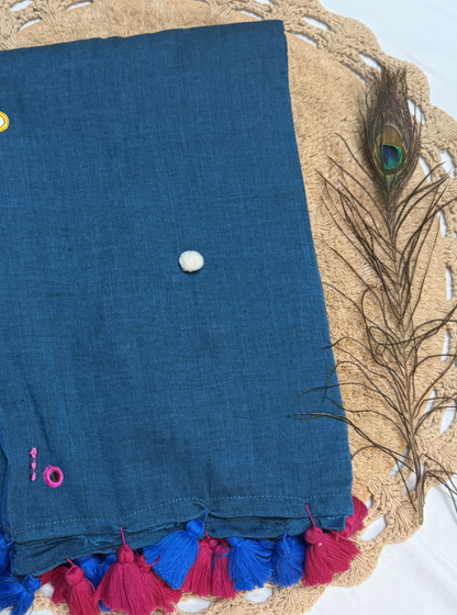 Indigo Blue Mul Cotton Saree with Multicolor Tassels & Minimal Motifs