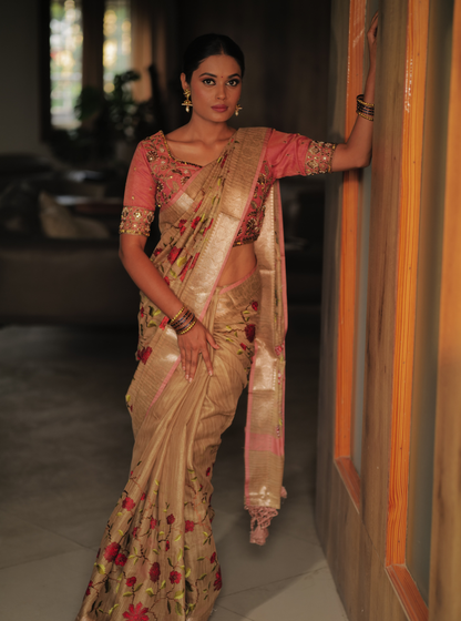 Beige Pink Matka Silk Tissue Saree with Floral Embroidery