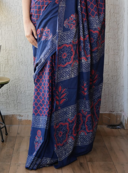 Elegant Navy Blue Modal Silk Saree with Ajrakh-Inspired Geometric Prints