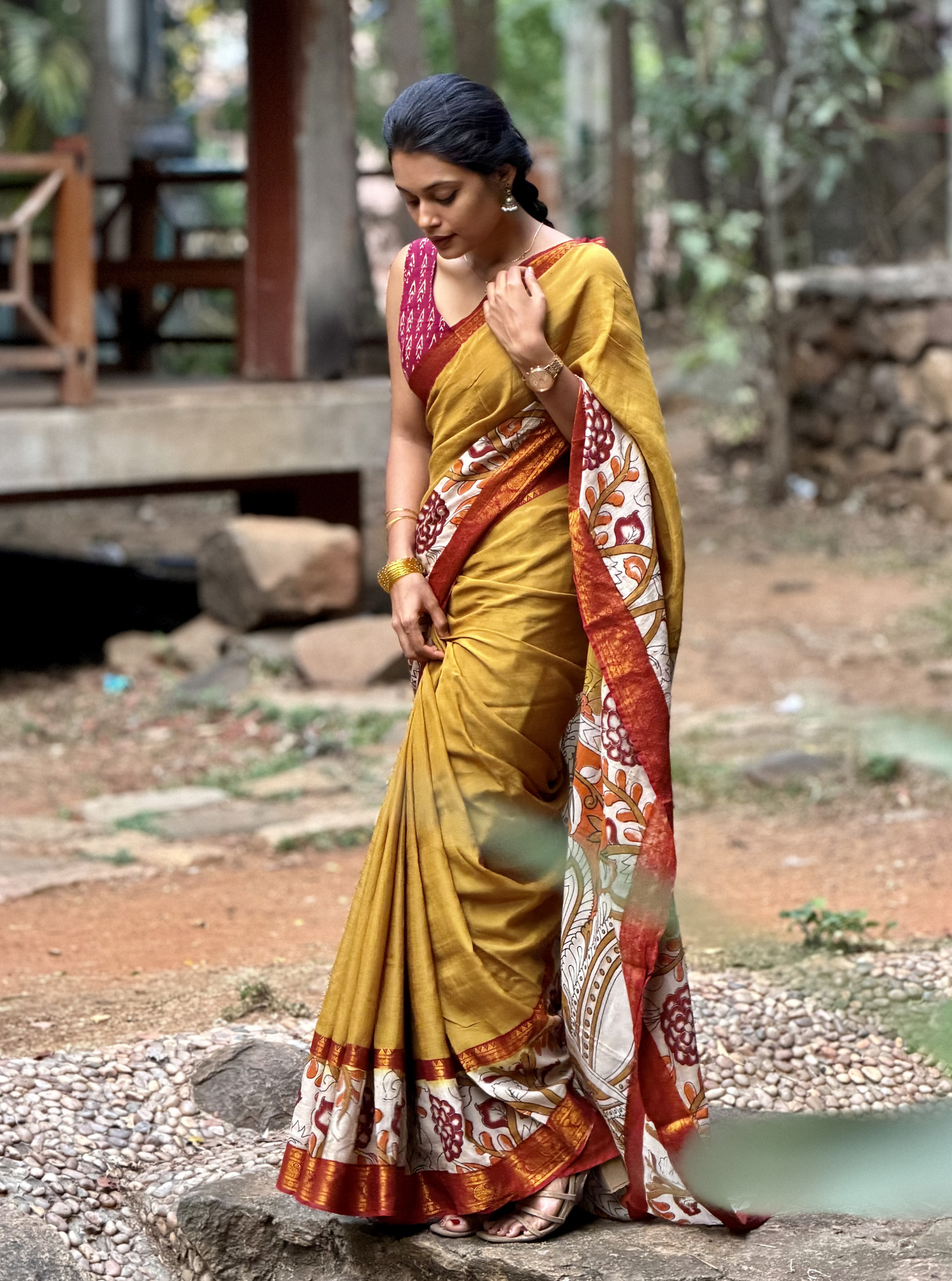 Mustard Kalamkari Mangalagiri Silk Saree with Artistic Pallu