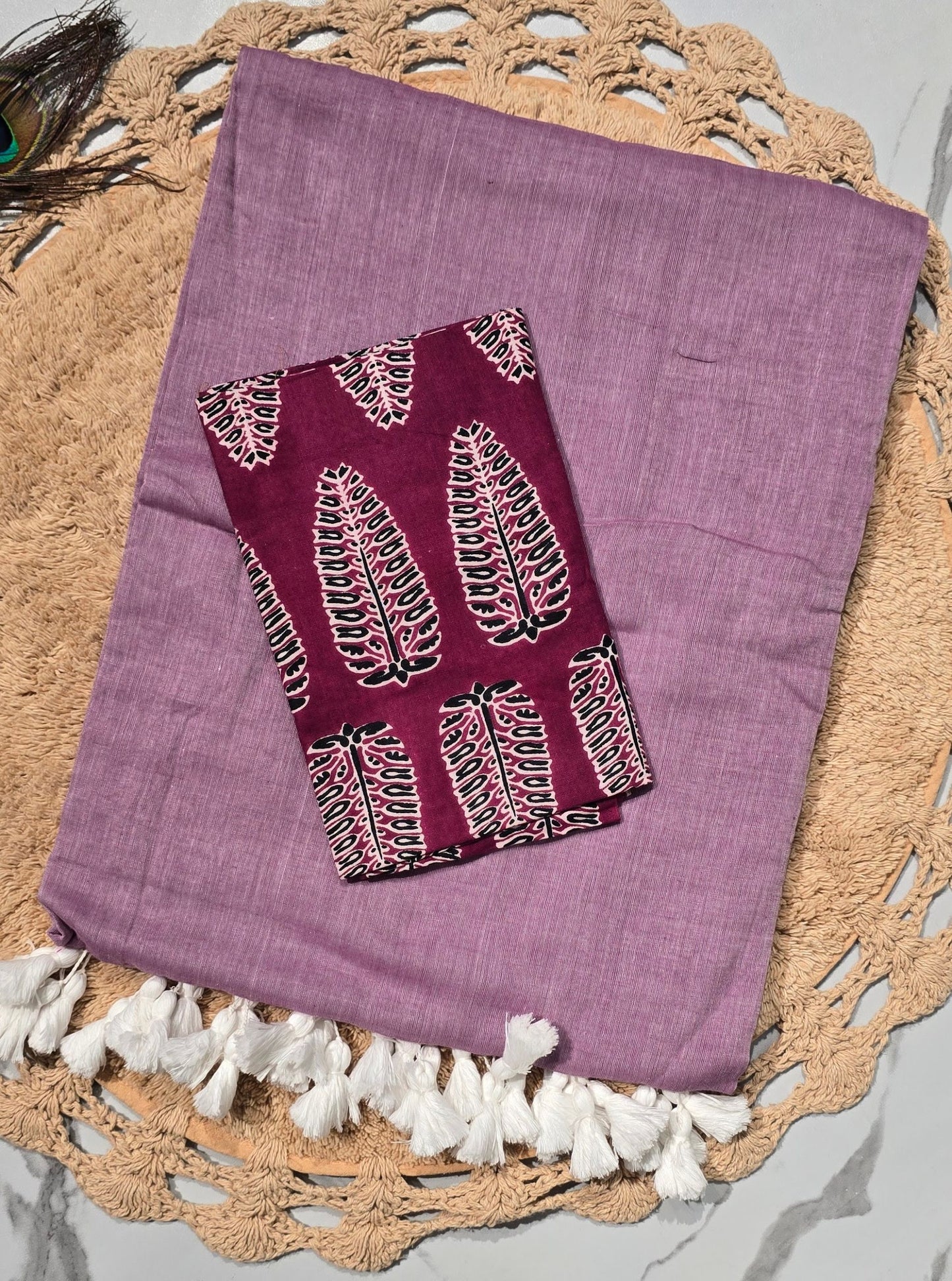 Lavender Mul Cotton Saree with White Tasselled Pallu & Leaf Motif Printed Blouse