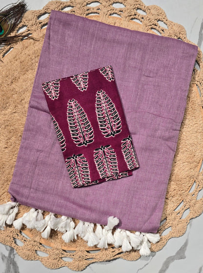 Lavender Mul Cotton Saree with White Tasselled Pallu & Leaf Motif Printed Blouse