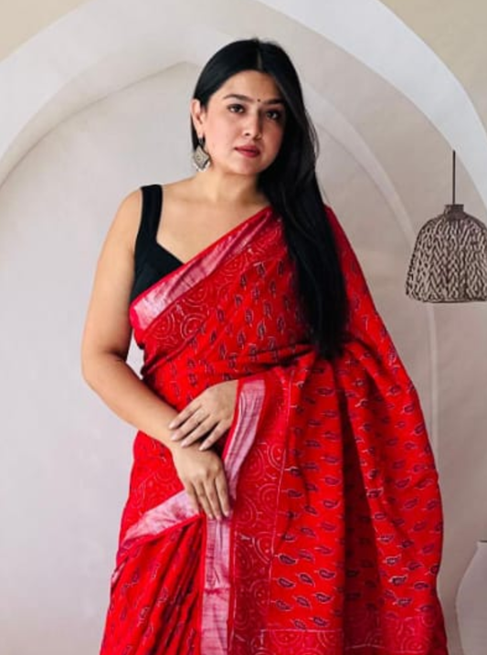 Crimson Red Hand-Printed Linen Cotton Saree with Traditional Motifs