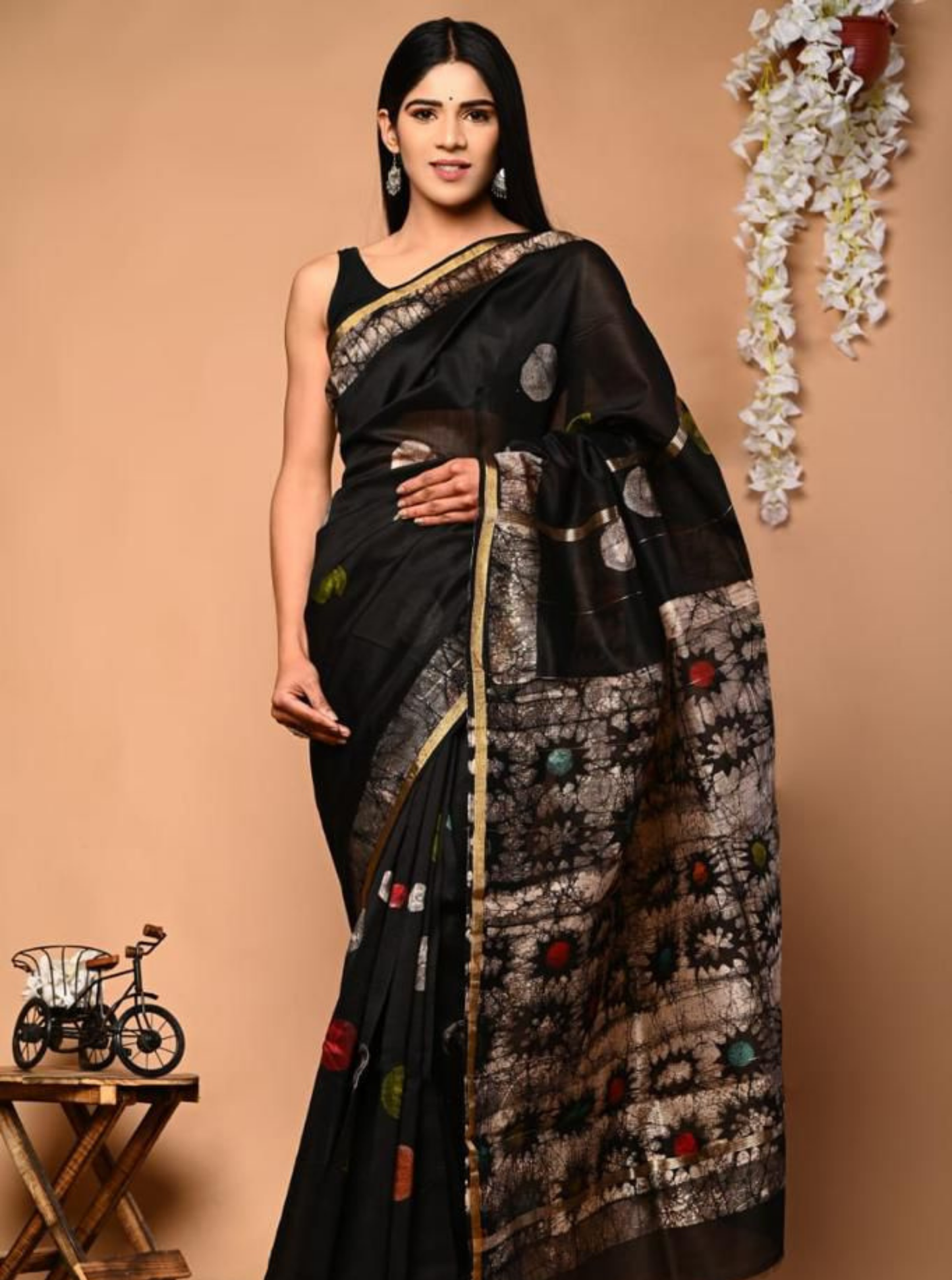Black Chanderi Silk Ajrakh Saree with Tie-Dye Floral Pallu