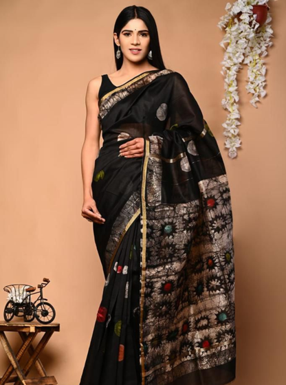 Black Chanderi Silk Ajrakh Saree with Tie-Dye Floral Pallu