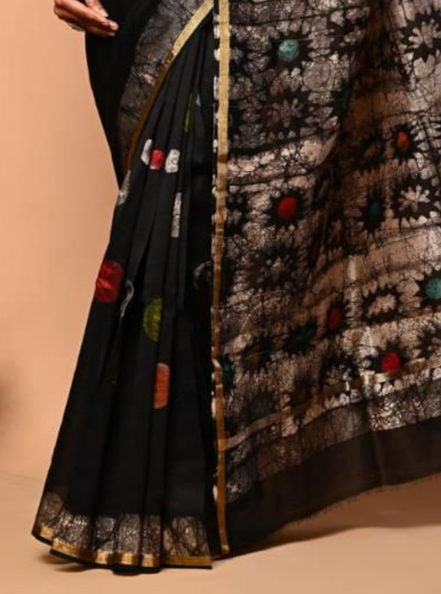 Black Chanderi Silk Ajrakh Saree with Tie-Dye Floral Pallu