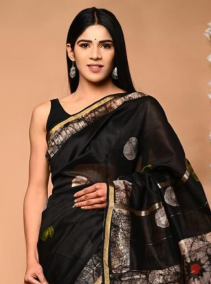 Black Chanderi Silk Ajrakh Saree with Tie-Dye Floral Pallu