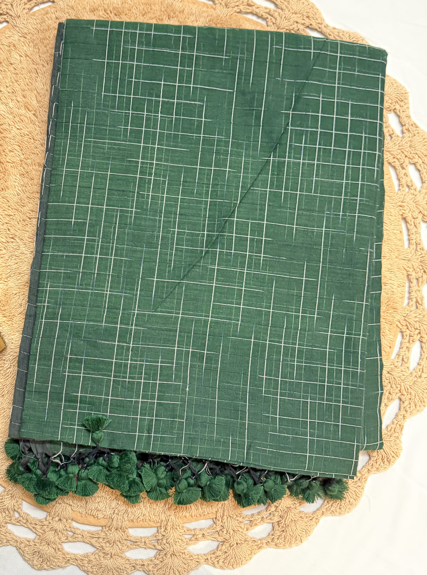 Forest Green Mul Cotton Saree with Subtle Grid Design